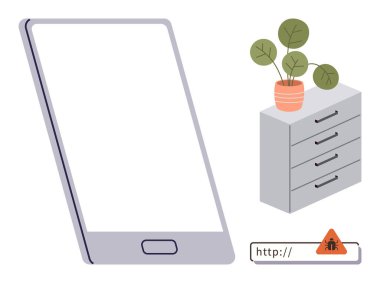 Kötü amaçlı yazılımlı büyük bir akıllı telefon, URL uyarısı, gri bir çekmecede saksı bitkisi. Siber güvenlik, teknoloji, uyarı, alarm, hackleme, dijital tehditler için ideal basit düz metafor