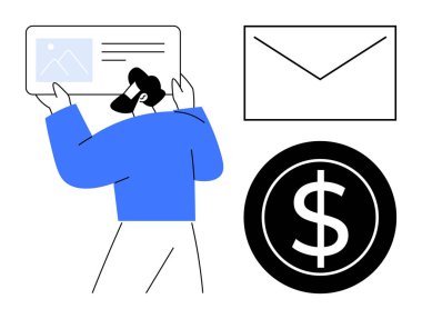 Dijital belge, zarf ve dolar işaretlerini inceleyen adam iletişimi, geliri ve teknolojiyi ön plana çıkarıyor. Finans, pazarlama, iş büyümesi, dijital strateji e-ticaret yeniliği için ideal