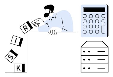 Düşme bloklarını düzenleyen kişi, yazım riskini hesap makinesi ve dosya deposunun yanına koyuyor. Finans, karar verme, risk yönetimi, strateji, değerlendirme, iş analizi için ideal