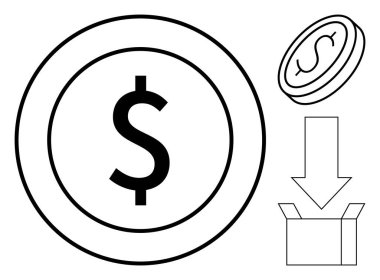 Büyük paralar, küçük paralar, aşağı doğru ok ve para transferini temsil eden açık kutu. Finans, bankacılık, hayır işi, bütçe tasarrufu e-ticaret bağış toplamak için idealdir. Basit düz metafor