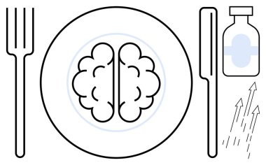 Beyin şekli, çatal, bıçak ve destek şişesi olan tabaklar. Beslenme, akıl sağlığı, odaklanma, bilişsel diyet sağlıklı öğrenme için idealdir. Basit bir düz metafor.