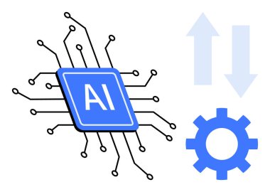 Sinirsel bağlantıları olan yapay zeka mikroçipi, sistem işlemleri için teçhizat, veri akışı için oklar. Teknoloji, yenilik, otomasyon, veri işleme, makine öğrenme, nöral ağlar için ideal basit düz