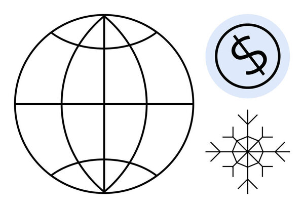 Globe grid, dollar sign inside circle, and snowflake symbol. Ideal for global trade, finance, sustainability, environment, climate change economy networks. Simple flat metaphor
