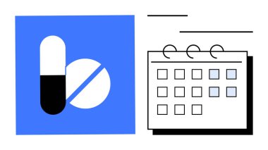 Kapsül ve tablet işaretli tarihli takvimin yanında. Zaman yönetimi, sağlık, tıbbi bakım, terapi, organizasyon, hatırlatıcı ve hasta dayanıklılığı için idealdir. Basit düz metafor