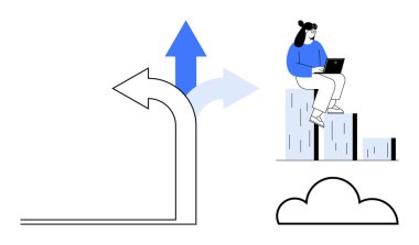 Yükselen bar çizelgesinde oturan kadının dizüstü bilgisayarı yukarı doğru ok ve bulutla çevrili. Büyüme, ilerleme, veri analizi, karar verme, yenilik, planlama kariyeri için idealdir. Basit düz metafor