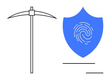 Kazma, kalkanla birlikte dijital güvenliği temsil eden veri madenciliğini sembolize ediyor. Siber güvenlik, teknoloji, engelleme zinciri, hackleme, kimlik doğrulama, kriptografi ve ağ için ideal