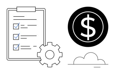 İşaretli görevleri, çarkıfeleği ve minimum arkaplanı olan dolar işaretli kontrol listesi. İş akışı, üretkenlik, mali yönetim, iş stratejisi, kalkınma, planlama ve verimlilik için ideal