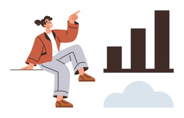 Yükselen bir bar tablosuna bakan kadın, altında bir bulut, büyüme, hırs, hedef başarısı, kariyer başarısı, iş stratejileri, ilerleme görselleştirme ve yeniliği temsil ediyor. A