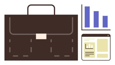 Koyu kahverengi evrak çantası, bar çizelgesi ve veri renklendirmeli web tarayıcı penceresi. İş, finans, strateji, organizasyon, pazarlama ve girişimcilik konuları için idealdir. Basit düz