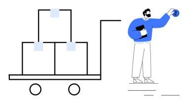 İşçi kargoyu el arabasında kutular ile yönetiyor, para levhası ve pano tutuyor. Lojistik, e-ticaret, nakliye, finans, envanter, ticaret teslimat işleri için ideal. Basit.