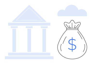 Para çantasının yanında bir dolar işareti olan bir hükümet binası. Finans, bütçe ve zenginliği gösteriyor. Ekonomi, tasarruf, yatırım, bankacılık, kamu fonları için ideal. Temiz, düz metafor