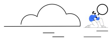 Bulut hesaplama kavramını incelemek için büyüteç kullanan kişi. Veri analizi, teknoloji, siber güvenlik, araştırma, bulut depolama, yenilik ve dijital arama için ideal. Basit düz metafor