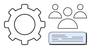 Üç soyut insan figürüne ve metin kutusuna sahip teçhizat takım çalışmasını, koordinasyonu ve süreç optimizasyonunu sembolize ediyor. İş akışı, yönetim, HR, iletişim, planlama liderliği için ideal