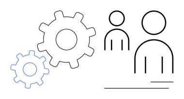 Büyük ve küçük vitesler stilize insan figürleri ile birlikte takım çalışması, işbirliği ve süreç akışı kavramlarını iletir. Takım çalışması, proje yönetimi, işbirliği, strateji, verimlilik için ideal