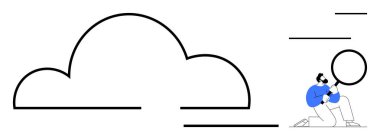 Büyüteçle diz çöküp bulutu inceleyen kişi veri analizini, keşfi ve odaklanmayı sembolize ediyor. Teknoloji, bulut hesaplama, araştırma, araştırma, analitik yenilik için ideal