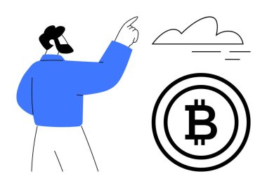 Adam Bitcoin logosu yakınındaki bir bulutu işaret ederek kripto para birimini, engelleme zincirini ve finansal teknolojiyi sembolize ediyor. Fintech, ticaret, engelleme zinciri, ademi merkeziyet, yenilik finansmanı için ideal