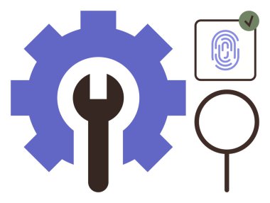 Ayarlar için vites ve ingiliz anahtarı, güvenlik için onay işaretli parmak izi, arama için büyüteç. Güvenlik, teknoloji, bakım, kimlik doğrulama, gizlilik, keşif için ideal