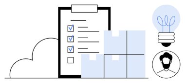 İşaretli görevleri, istiflenmiş kutuları, ampulü ve erkek avatarı olan panodaki kontrol listesi. Lojistik, proje yönetimi, verimlilik, takım çalışması yenilikçi organizasyon tedarik zinciri için idealdir. Basit.