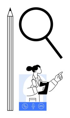 Kadın doktor, panoyu büyüteç, kalem ve dijital iletişim simgeleriyle göstererek gösteriyor. Sağlık, teletıp, araştırma, analiz, eğitim, takım çalışması için ideal basit bir daire