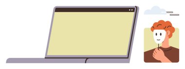 Boş sarı ekranlı dizüstü bilgisayar ve elinde maske olan kişi, çevrimiçi anonimliği, kimliği ve mahremiyeti temsil ediyor. Orijinallik, siber güvenlik, sanal etkileşim, dijital iletişim için ideal