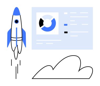 Roket, bir veri analiz çizelgesi ve bulut yakınında kalkış yaparak ilerlemeyi, yeniliği, gelişimi, büyümeyi, stratejiyi, teknolojiyi, başarıyı ve başlangıç başarısını sembolize ediyor. Başlangıç stratejileri için ideal ve basit