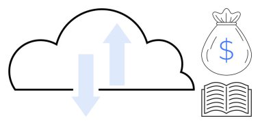 Bir bulut içinde yukarı aşağı oklar, dolar çuvalları ve açık kitaplar veri paylaşımını, finansal büyümeyi ve eğitimi temsil ediyor. Teknoloji, finans, öğrenme, yenilik ekonomisi için idealdir. Basit düz ilerleme