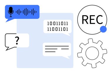 Mikrofon, ikili kod, sohbet baloncukları, teçhizat ve REC düğmesi ses kaydı, yapay zeka tanıma, dijital iletişim ve otomasyon. Teknolojik yapay zeka yenilik iletişimi için ideal