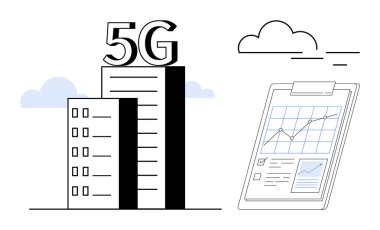 Panonun yanında basit bir bulut tarafından desteklenen haritaları ve veri analizlerini gösteren fütürist 5G gökdelen. Teknoloji, bağlantı, yenilik, iletişim, modern iş ve veri için ideal