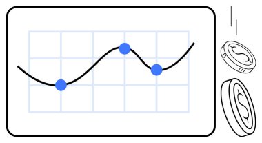 Şebeke arka planında mavi veri noktalarına sahip çizgi çizelgesi, madeni para desteleri eşliğinde. Finans, yatırım, veri eğilimleri, kar büyümesi, ekonomi, piyasa analizi iş ölçümleri için idealdir. Basit düz