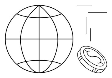 Küresel ticaret, ekonomi, finans ve piyasa temalarını ileten şebeke çizgili dünya ve dairesel para birimi. Ekonomi, küreselleşme, yatırım, ticaret, zenginlik yönetimi için ideal daire