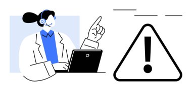 Kulaklık takan bir ajan, yakınlarda üçgen uyarı işareti olan bir bilgisayar ekranını işaret ediyor. Müşteri hizmetleri, teknik destek, uyarılar, problem çözme, bildirimler için ideal