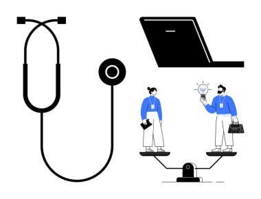 Stetoskop, dizüstü bilgisayar ve iki profesyonel dengeli ölçekte fikir alışverişinde bulunuyor. Tıbbi yenilik, takım çalışması, eşitlik, sorun çözme, karar verme, sağlık teknolojisi işbirliği için ideal