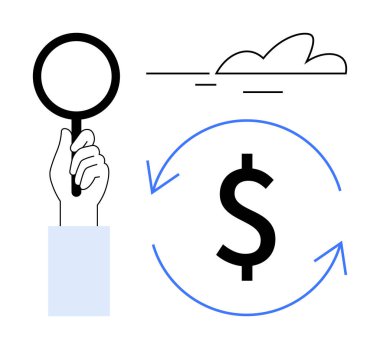 Büyüteçle el, yuvarlak oklarda dolar işareti, bulut görselleştiren arama, finans ve sürdürülebilirlik. Ekonomi, iş büyümesi, araştırma, strateji sürdürülebilirlik yatırımı için ideal