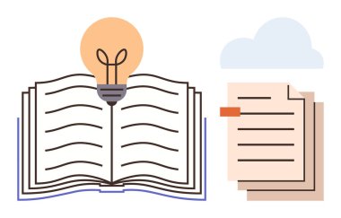 Parlayan ampuller, istiflenmiş belgeler ve öğrenmeyi, yeniliği ve işbirliğini sembolize eden bulut içeren açık bir kitap. Eğitim, yaratıcılık, araştırma ve bilgi aktarımı için ideal takım çalışması