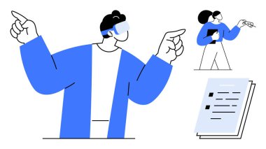 İki karakter etkileşime giriyor, biri VR kulaklıklı, diğeri de elinde bir pano tutuyor. Bir belge içeriyor. Takım çalışması, teknoloji, gelecekteki yenilik, eğitim ve üretkenlik planlaması için ideal