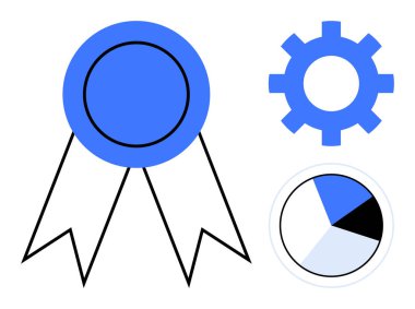 Kurdeleli mavi kurdele, dişli sembolü ve segmentli pasta grafiği. Basit düz metaforla mükemmellik, üretkenlik, analitik, gelişim, tanınma, performans başarısı için idealdir