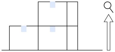 Yığılmış bloklar büyüme aşamalarını bir büyüteç ve yukarı doğru ok ile temsil ediyor. Analizi, ilerlemeyi ve gelişmeyi simgeliyor. Üretkenlik, strateji, yönetim, kalkınma için ideal