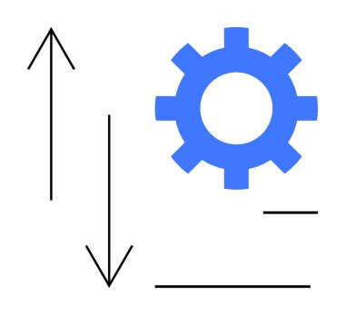 Kalın okların yanındaki mavi dişli yukarı ve aşağı, hareketi, süreci ve ayarlamaları simgeliyor. İş akışı, otomasyon, mühendislik, yenilik, karar verme optimizasyonu için ideal basit düz