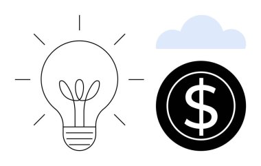 Parlayan bir ampulü, siyah bir madeni paranın üzerindeki bir dolar simgesini ve bir bulutu içeren minimalist tasarım. Yenilik, finans, yaratıcı fikir, girişim, yatırım teknolojisi ve strateji kavramları için idealdir. A