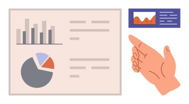 Çizelgeye, pasta grafiğine ve kırmızı çizgili veri kartına el işareti. Analiz, veri incelemesi, takım çalışması, sunum, iş stratejisi, karar verici basit düz metafor