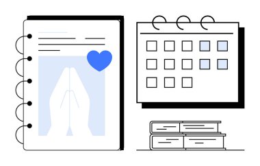 Dua eden elleri ve kalbi olan bir defter, zaman çizelgesi için bir takvim ve istiflenmiş kitaplar. Organizasyon, inanç, düşünce, planlama, eğitim farkındalığı için idealdir. Basit düz metafor