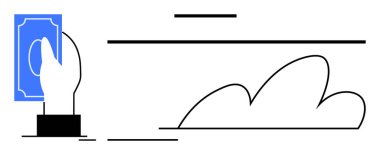 El ele tutuşan para, bulut simgesi ve asgari çizgiler dijital işlemler, bulut teknolojisi ve finansmanı akla getiriyor. E-ticaret, fintech, tasarruf, dijital cüzdanlar modernizasyon bağlantıları için ideal