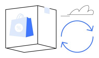 Çevrimiçi alışverişi, çevre dostu uygulamaları, dairesel ekonomiyi, lojistik, perakende, nakliye ve sürdürülebilirliği gösteren mavi geri dönüşüm okları ile karton kutu ve bulut