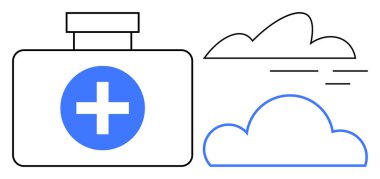 Bulut tasarımlarının yanında çapraz sembollü ilk yardım çantası. Sağlık, güvenlik, acil durum, sağlık, sağlık hizmetleri, destek, afet yardım temaları için idealdir. Basit düz metafor