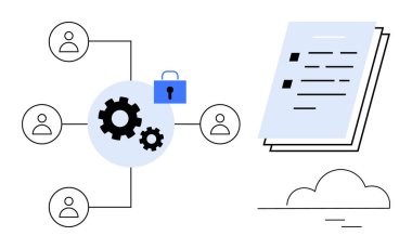 Gear bağlantılı kullanıcılar veri güvenliğine odaklanarak takım çalışması entegrasyonunu temsil ediyorlar. Belgeler ve bulut uzak dosya paylaşımını ve erişilebilirliği ifade eder. İşbirliği, güvenlik ve bulut hesaplama için ideal
