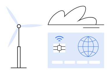 Bulut ve küresel çipli kartın yanında rüzgar türbini. Sürdürülebilirlik, yenilenebilir enerji, teknoloji, bağlantı, dijital dönüşüm, temiz enerji, akıllı çözümler için idealdir. Basit düz