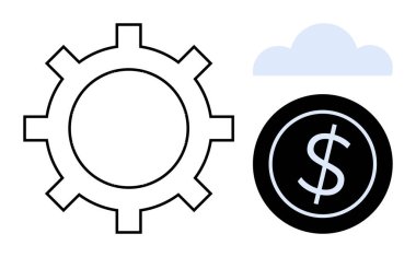 Asgari tasarımda vites, bulut ve dolar işareti teknoloji, finans, yenilik, bulut hesaplama, verimlilik, strateji ve iş süreçlerini sembolize eder. Kavramların işbirliği yapması için ideal