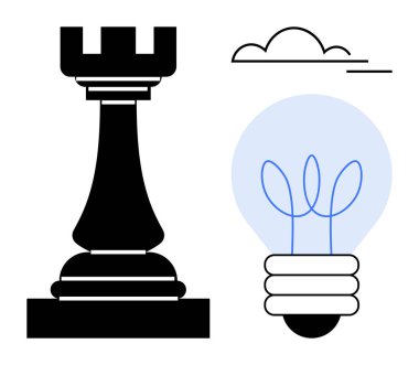 Satranç kalesi ve parlayan ampul. Bulutun yanında da bitki teli var. Strateji, yenilik, sürdürülebilirlik, yaratıcılık, karar verme, liderlik, başarı için ideal. Basit düz metafor