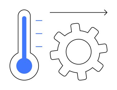 Termometre, sistem operasyonlarını sembolize eden bir dişlinin yanında sıcaklık seviyelerini gösteriyor. Verimlilik, optimizasyon, mühendislik, otomasyon, süreç kontrolü, enerji odağı, endüstriyel tasarım için ideal