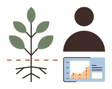 Kökleri olan bitki, insan figürü ve büyümeyi, sürdürülebilirliği, ekolojiyi, veri analizini, çevresel bakımı, teknolojiyi ve araştırmayı temsil eden analitik gösterge paneli. Yenilik kavramları için ideal